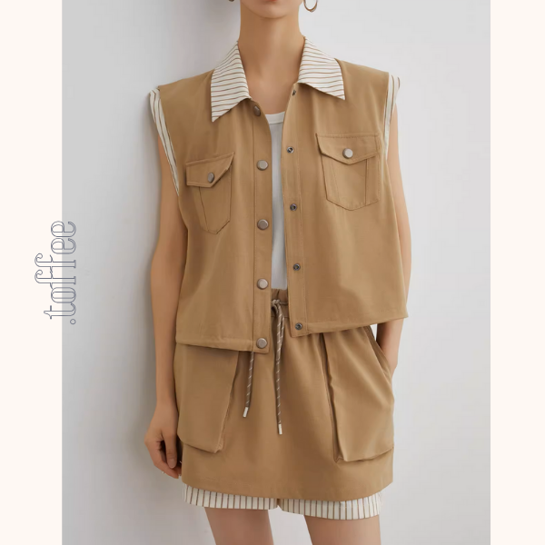 ストライプディテールレイヤード風ベスト＆ドローストリングハーフパンツセットアップ《Z00943》