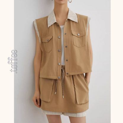 ストライプディテールレイヤード風ベスト＆ドローストリングハーフパンツセットアップ《Z00943》