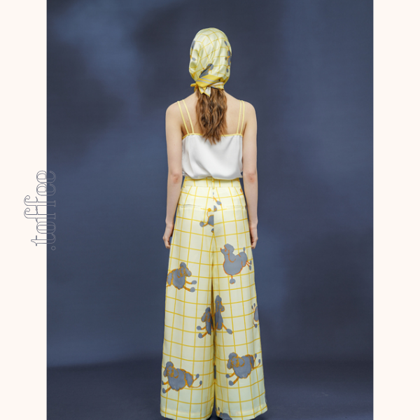 羊プリント　レモンイエローウィンドウチェック　シルキータッチ大判スカーフ C0147