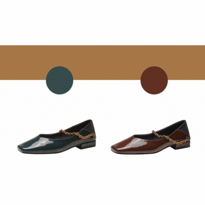 【2color】パテントレザーチェーンローヒールパンプス X-370