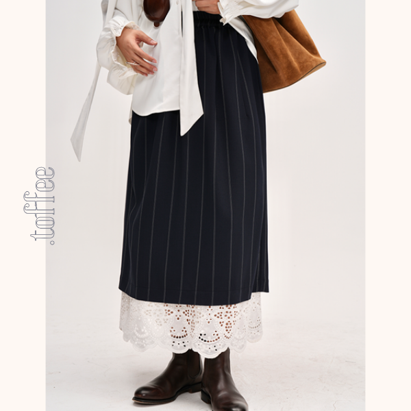 ネイビーストライプ＆レース重ね着スカート　Z00477