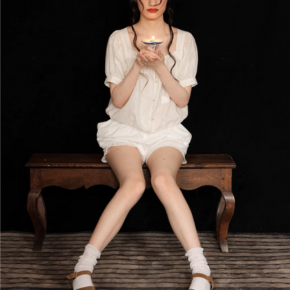 【2color】刺繍うさぎのスクエアネックブラウス《Z01046》