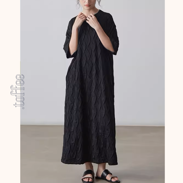 ラウンドネックロングブラックワンピース《Z00996》