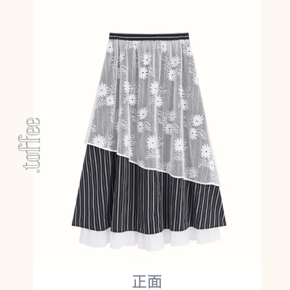 ストライプノースリーブトップ＆レース装飾ロングスカートセットアップ《Z01028》