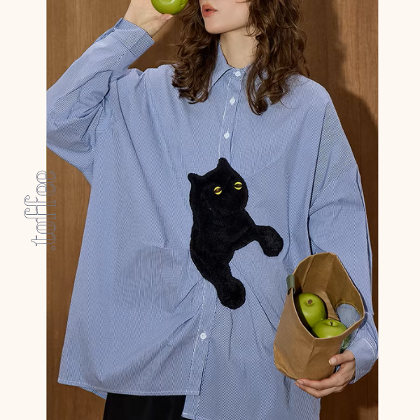 黒猫アップリケ付きストライプシャツ《Z01105》