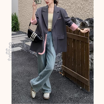 ピンク配色のカラーブロックスーツジャケット《Z01332》