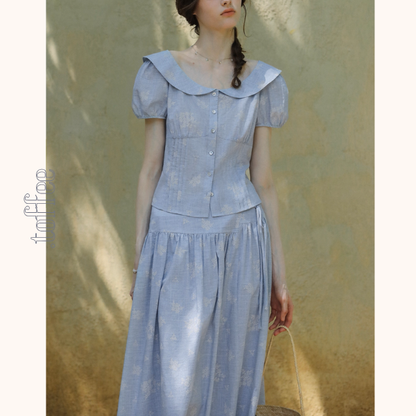 丸襟とパフスリーブのブルーワンピース《Z01090》