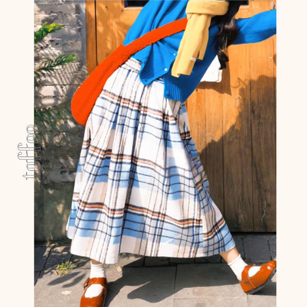 白地レトロチェックの揺れプリーツスカート《Z01206》