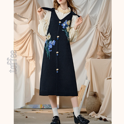 アイリスが咲くアート刺繍ワンピース《Z01129》