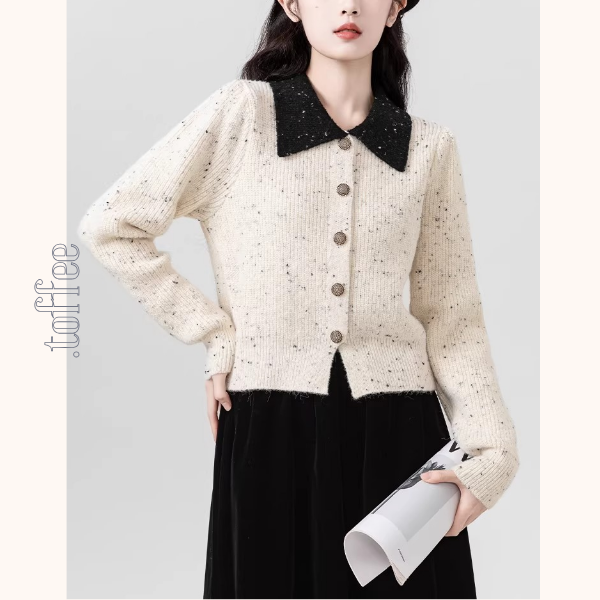 黒襟×ドット柄のバイカラーショートニットカーデ《Z01295》