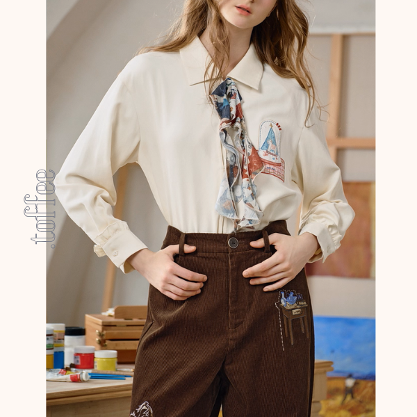 【2color】物語を結ぶリボンとアップリケのシャツ《Z01126》