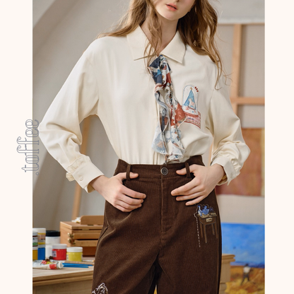 【2color】物語を結ぶリボンとアップリケのシャツ《Z01126》