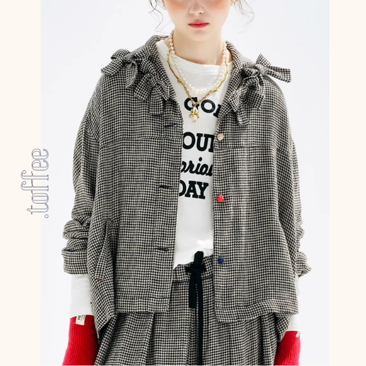 リボン×千鳥格子のレトロショートジャケット《Z01344》