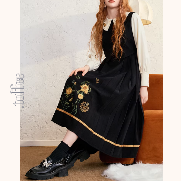 バイカラーと刺繍が映える上品プリーツワンピース《Z01207》