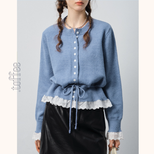 【2color】レース裾と蝶結びが可愛い＊ショートニットカーディガン《Z01189》