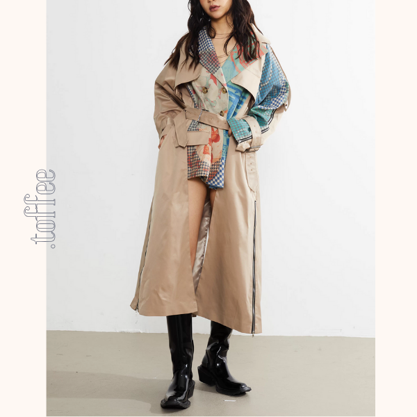 パッチワーク配色のサイドジップトレンチコート《Z01249》