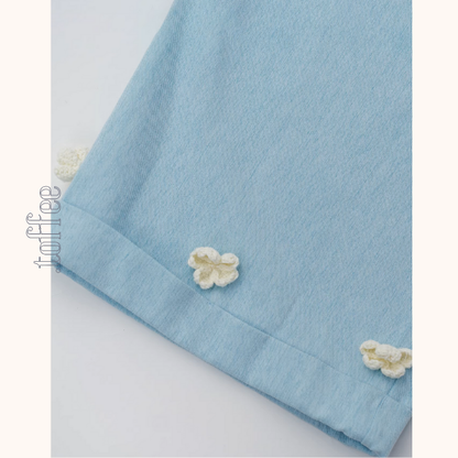 花咲く裾刺繍のブルーワイドパンツ《Z01071》