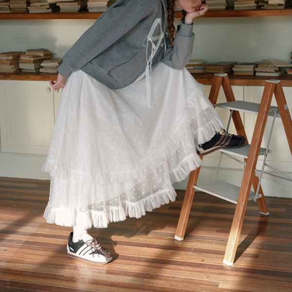 フリル＆メッシュホワイトロングスカート　Z00570