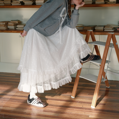 フリル＆メッシュホワイトロングスカート　Z00570