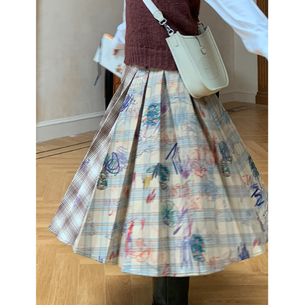 パッチワークプリーツロングスカート Z00106
