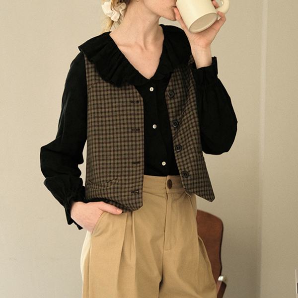 ブラウンチェック柄シングルブレストベスト　Z00507