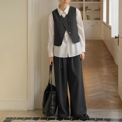 Vネックシングルブレストショートベスト＆ハイウエストワイドスーツパンツセットアップ《Z00889》