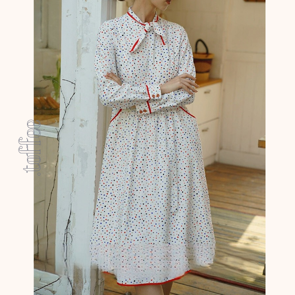 リボンタイ付きカラフルドットシャツワンピース　《Z00750》