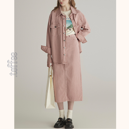 ピンクデニムジャケット＆ミモレ丈ストレートスカートセットアップ　《Z00776》