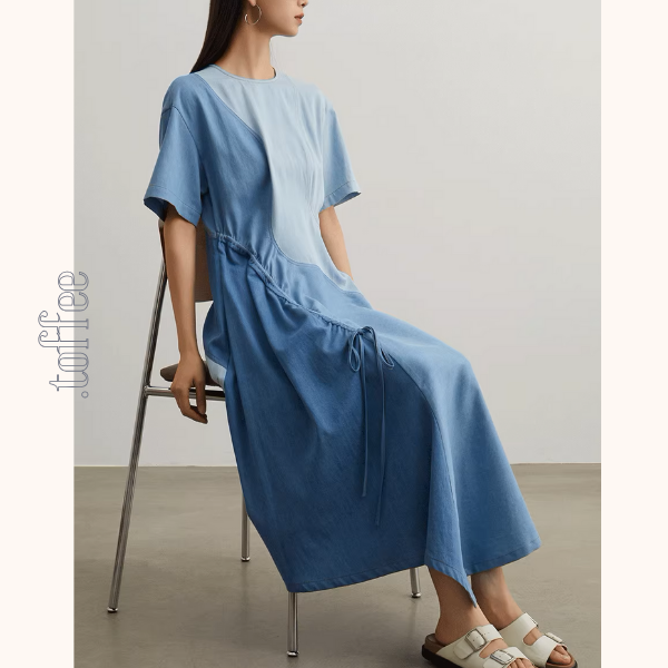 パッチワークアシメトリードローストリングロングワンピース《Z00950》