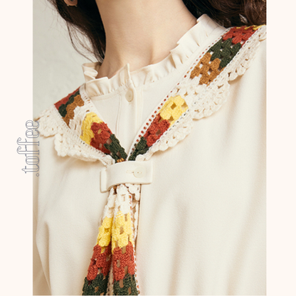 マルチカラーかぎ編みレースタイ付きAラインワンピース　《Z00678》