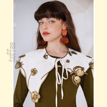 【2color】果物モチーフの植物画刺繍：ロマンティックフェアリーケープ　C0168