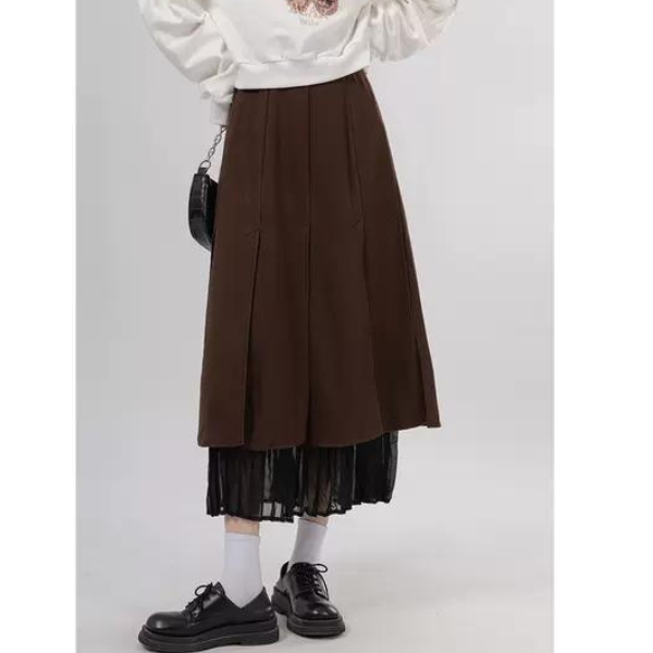 【3color】プリーツドッキングスカート X-014