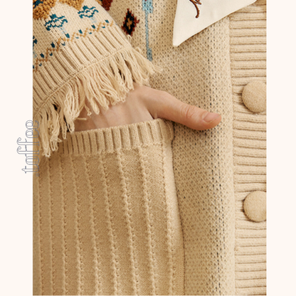 【2color】フリンジ付き北欧風ミドル丈カーディガン　《Z00671》