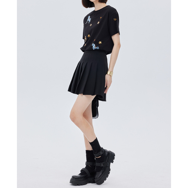 ポニーと星の刺繍入り半袖ニットトップ Z00203