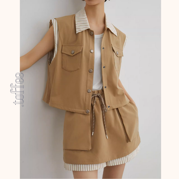 ストライプディテールレイヤード風ベスト＆ドローストリングハーフパンツセットアップ《Z00943》