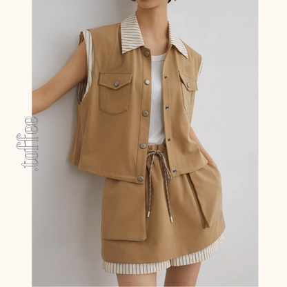 ストライプディテールレイヤード風ベスト＆ドローストリングハーフパンツセットアップ《Z00943》