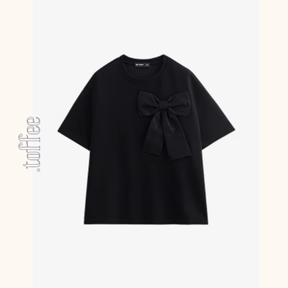 【2color】ビッグリボンクルーネック半袖Tシャツ《Z00933》