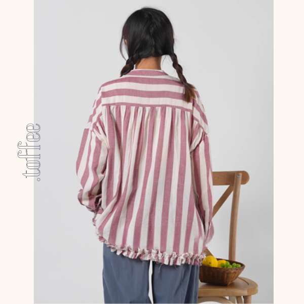 【2color】ストライプ柄フリル装飾シャツ《Z00894》