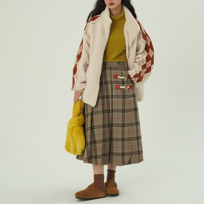 【2color】ホーンボタンチェック柄ロングスカート　Z00607