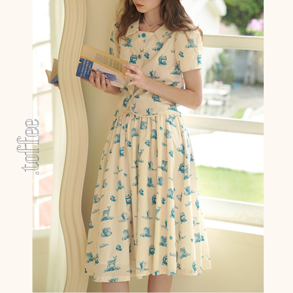 カントリー風アニマルプリント半袖シャツ＆ミドル丈スカートのセットアップ　《Z00751》