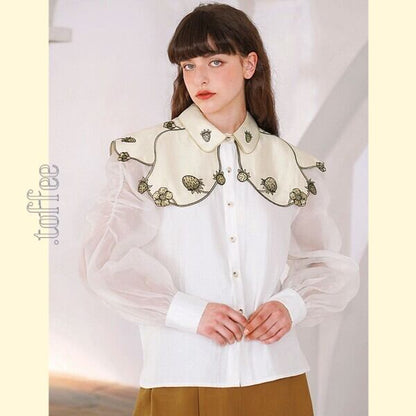 苺の植物画刺繍：ロマンティックケープ フェアリーブラウス C0161