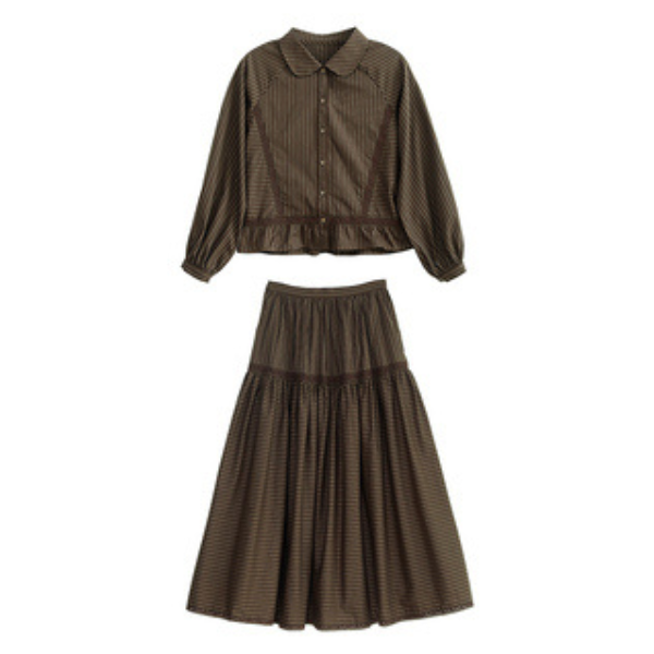 【2color】レトロストライプフリルヘムセットアップ X-263