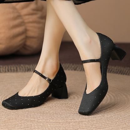 【2color】スクエアトゥチャンキーヒールドットパンプス X-536