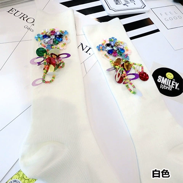 フラワービーズ装飾クルーソックス4点セット　《Z00774》