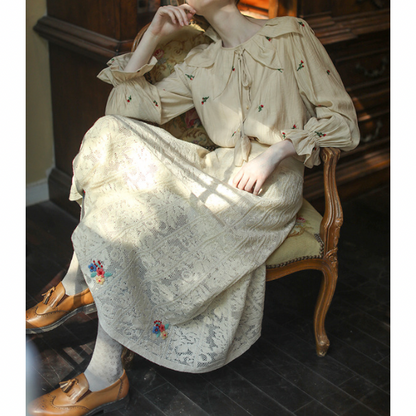 フラワーエンブロイダリーボウタイブラウス w-169