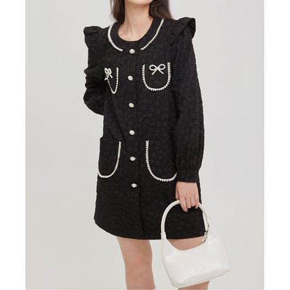 ふくれジャガードのブラックミニワンピース X-381