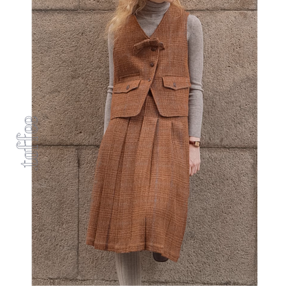 【3color】チェック柄リボン装飾ジレ＆ミモレ丈プリーツスカートセットアップ《Z00858》