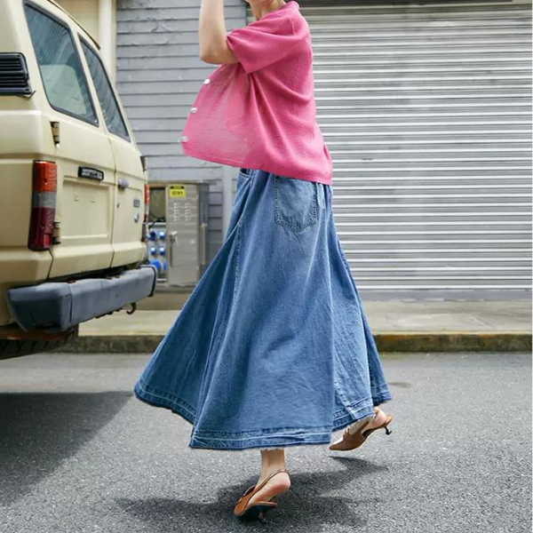 デニムミモレ丈フレアスカート w-012