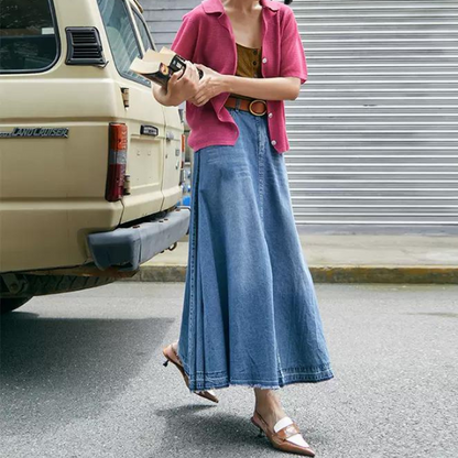 デニムミモレ丈フレアスカート w-012