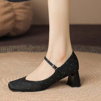 【2color】スクエアトゥチャンキーヒールドットパンプス X-536